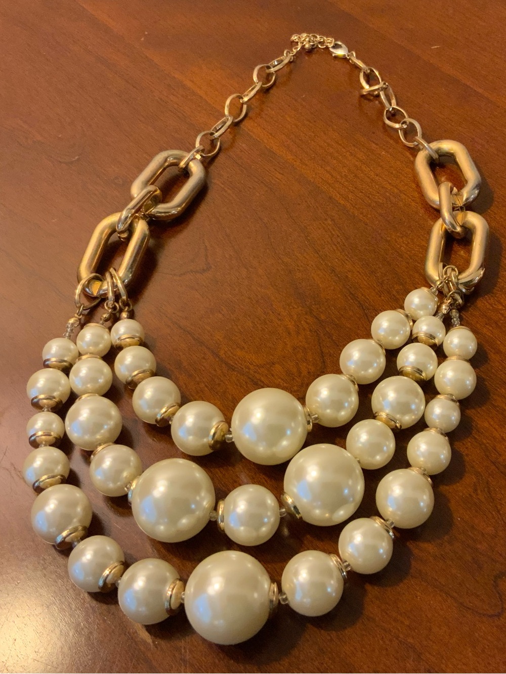 Triple-Strand Simulated Pearl & Gold-Tone Chunky Necklace